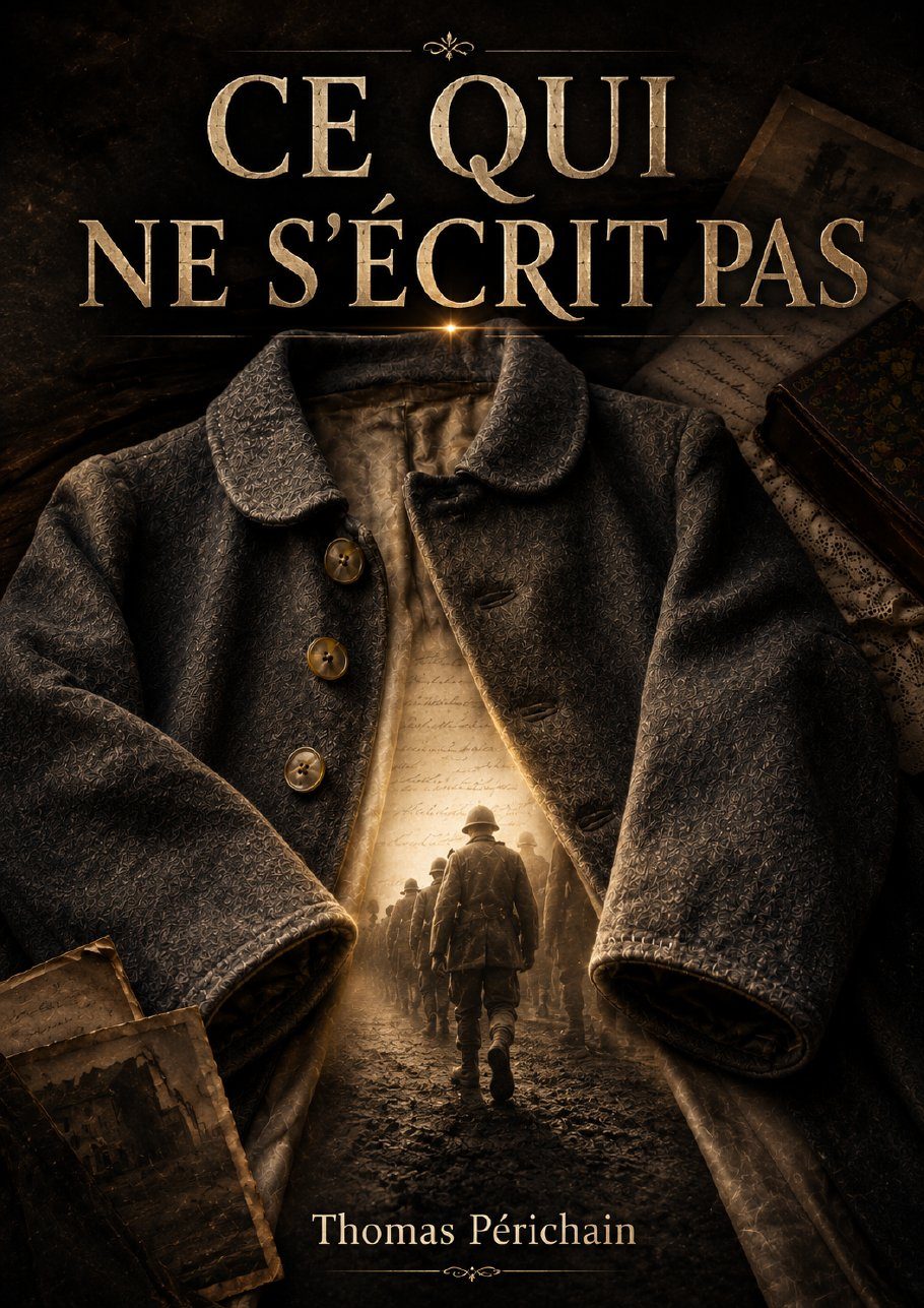 Couverture de Ce qui ne s'écrit pas : un vieux manteau ouvert, une colonne de soldats dans la doublure.